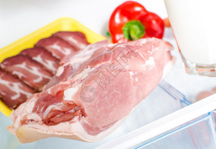 冰箱里新鲜肉的特写视图图片