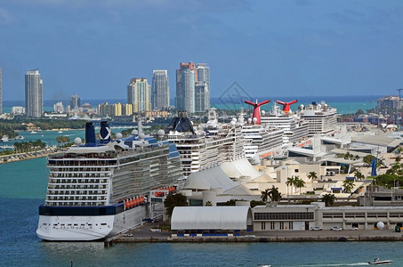 五艘游轮停靠在迈阿密港游轮码头图片
