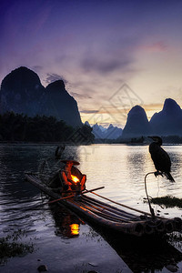 漓江鸬鹚渔夫在著名的漓江边休息背景图片