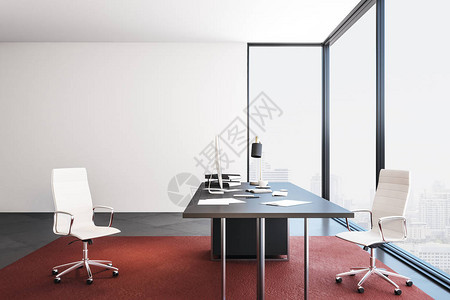 简约办公空间地板上有红地毯工作区概念模拟插画