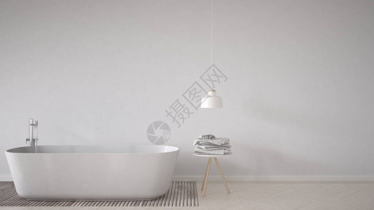 斯堪的纳维亚卫生间背景浴缸桌和灯具上的Herringbone天然面板地图片