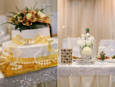 装饰桌上的结婚蛋糕图片