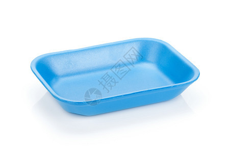 蓝色空食品托盘在白色背景上隔离图片