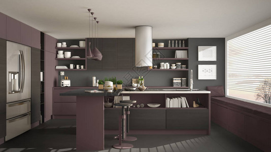 现代木制厨房配有木制细节和全景窗户灰色和红色简约的室内设计背景图片