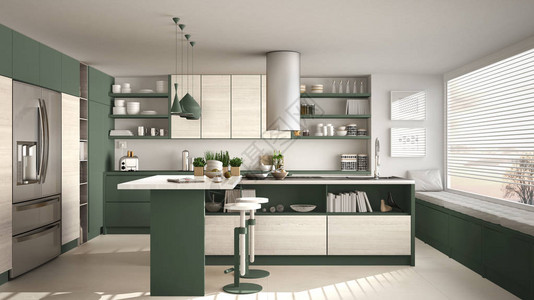 现代木制厨房配有木制细节和全景窗户白色和绿色简约的室内设计背景图片