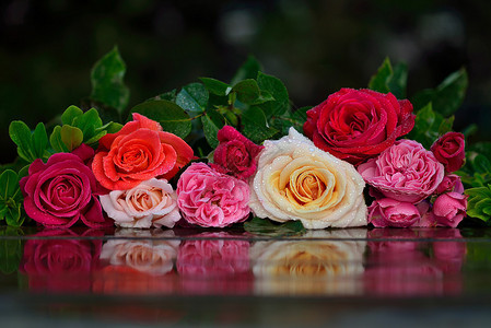 木桌上的玫瑰花束图片
