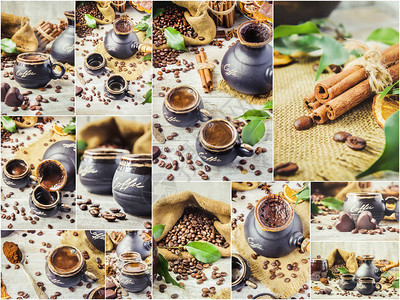 在图尔库煮咖啡用于早餐拼贴有图片