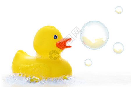 沐浴泡沫中的黄色橡皮鸭图片