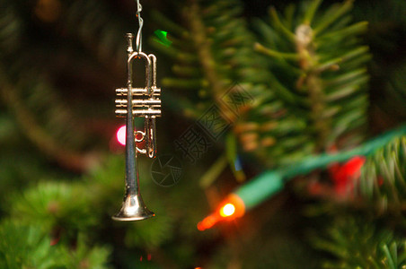 圣诞树枝上挂着小喇叭装饰图片
