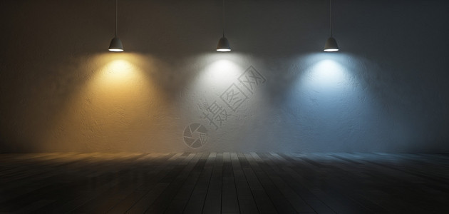 个使用不同灯泡的吊灯的3D渲染图像色温标度冷白暖白日光开裂的混凝土墙和木地板上的3背景图片