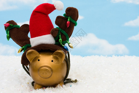 拥有圣塔帽的猪银行驯鹿角和在天空背景上的圣诞节灯图片