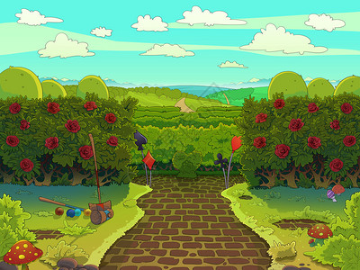 红色玫瑰的花冠绿色花园和铺面道路图解用卡通风格绘图片