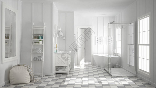 斯堪的纳维亚简约的白色浴室淋浴缸和装饰图片