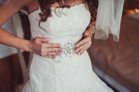 时尚的伴娘礼服在婚纱新娘的背上图片