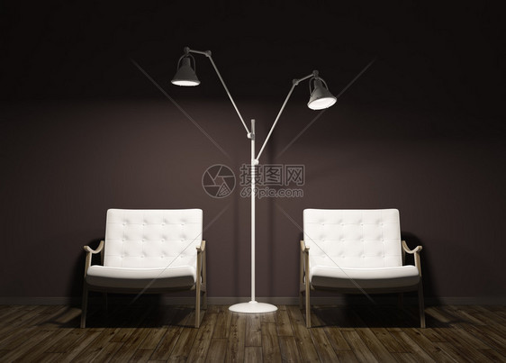 现代客厅室内现代晚间内装有两把白色扶臂椅和地板灯图片