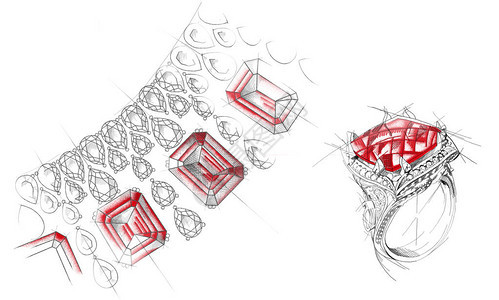 珠宝戒指项链耳环宝石的手绘草图孤立的首饰配件珠宝线图片