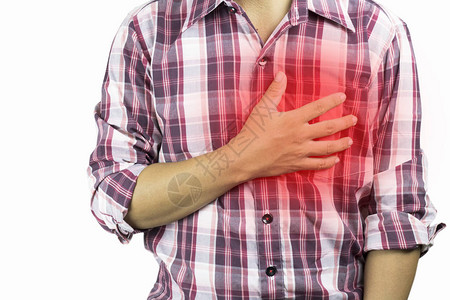 建筑工人患有胸痛严重的心痛白色背景发作医疗保健疾病图片