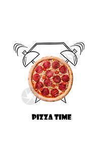 披萨和闹钟手画的插图在白色背景上被孤立入门比萨时间菜单咖啡馆餐图片