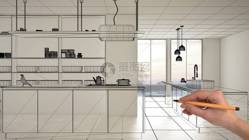 空荡的白色内饰与白色大理石瓷砖手绘定制建筑设计黑色墨水素描显示现代简约厨房的蓝图概念图片