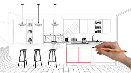 内地设计项目概念手绘定制结构黑白墨画草图用岛灯和套装灯显示最起码厨房图片