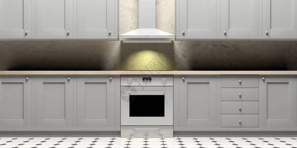 厨房橱柜电炉和瓷砖地板和灰墙的盖子图片