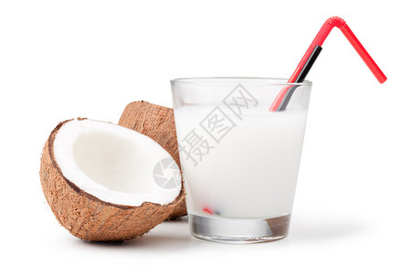 椰奶和椰子上白色孤立背景图片