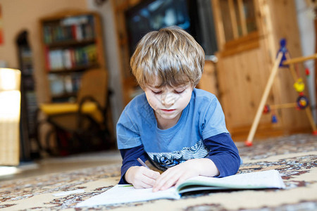 可爱的快乐学校男孩在家做作业在地板上的肖像小孩用彩色铅笔在室内写字小学和教育孩子学习图片