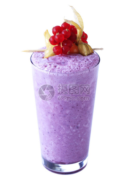 高玻璃杯中的蓝莓冰沙子图片