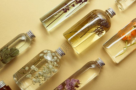 带有机美容产品和黄底干枯的野花和草药的透明背景图片