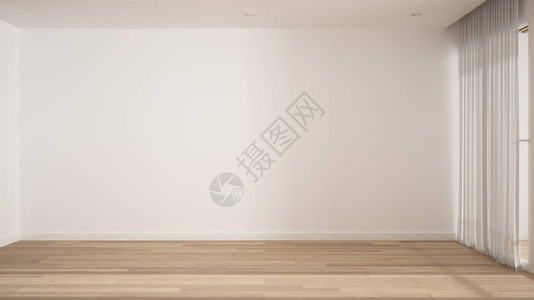 空荡的室内设计带白墙和镶木地板的开放空间现代建筑晨光带复图片