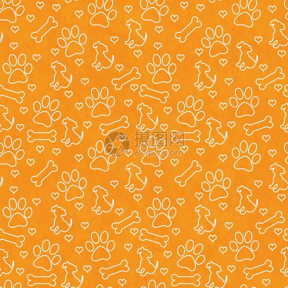 橙色和白色狗爪印小狗骨头和心瓷砖图案重复背景图片