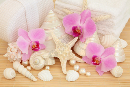 含有粉红色兰花海壳珍珠白毛巾和覆盖竹底面海图片