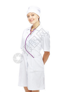 白色背景上穿着医疗制服的微笑女士图片