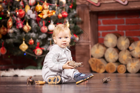 在圣诞树旁玩具动物的小男孩图片