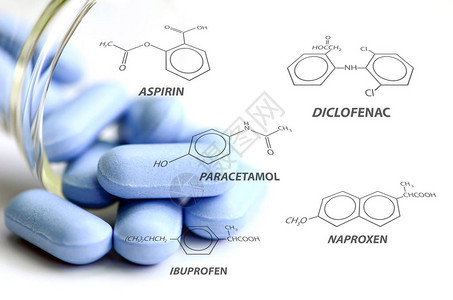 蓝色胶囊和一些白色背景的止痛化学结构图片