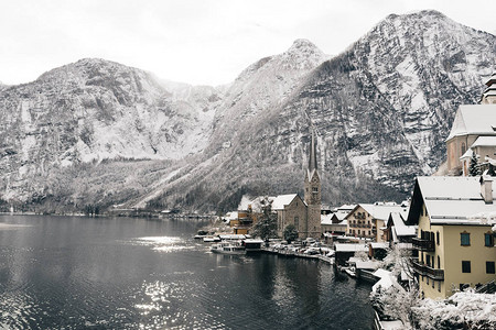 奥地利哈斯塔特美丽的冬日冬天背景图片