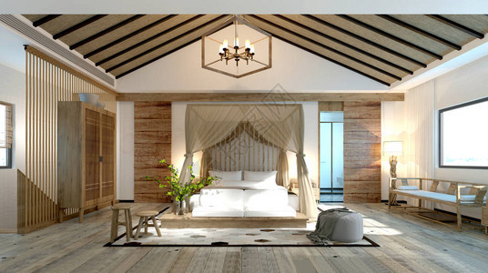 现代豪华卧室酒店房间的3D渲染图片