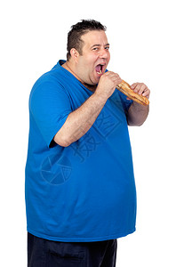 快乐的胖子吃着大面包孤立背景图片