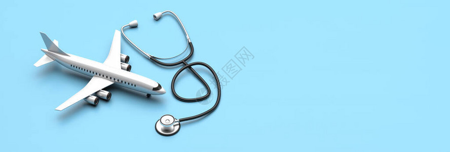 健康概念平面模型和蓝色背景听诊器的医疗旅游图片