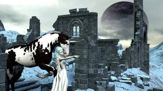 废墟也浪漫奇幻的雪公主精灵与她的独角马具有一个插画