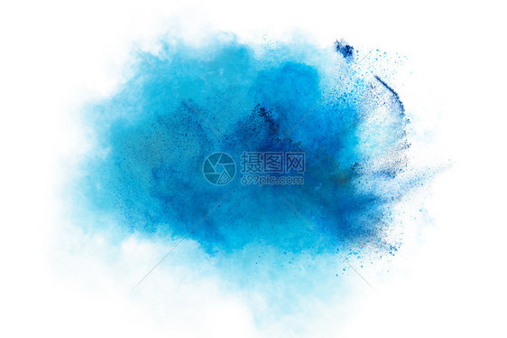 粉末爆炸关闭白色上孤立的蓝色尘埃爆炸摘要图片