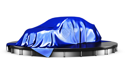 讲台上的汽车在展示前用蓝色缎布覆盖3d渲染图片