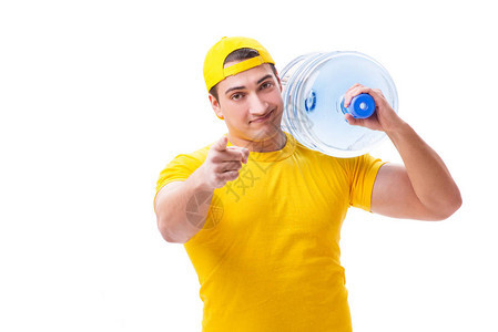 男子送水瓶上白色孤立背景图片