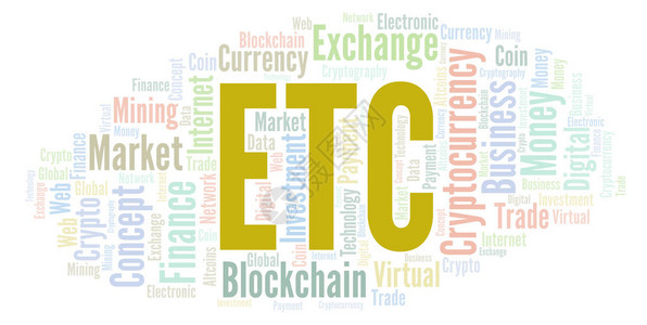 ETC或以太坊经典加密货币硬字云仅用文字图片