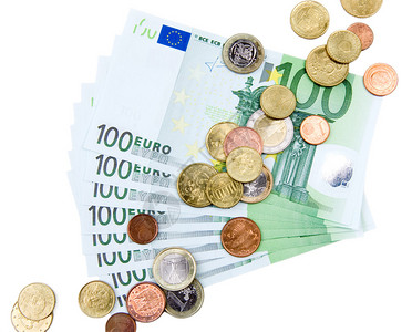 欧元纸币和硬币在白色背景下被隔离图片