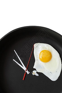 炸鸡蛋和时钟用黑锅在图片