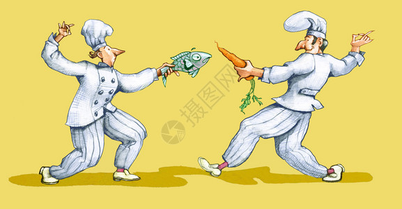 两位厨师正在与一条鱼和一条胡萝卜决斗背景图片