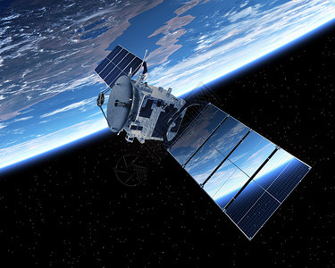 通信卫星绕地球运行3D场景背景图片