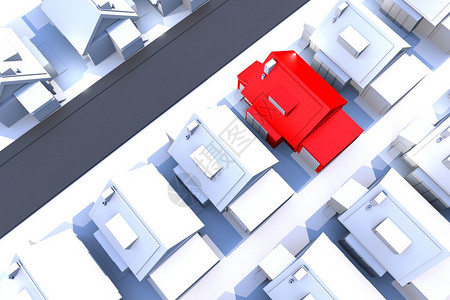住房主题只有一栋红房子的住宅区抵押房地产或止赎相关艺术品的好主意3D渲染图片