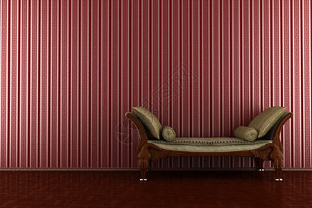 红色条纹墙前的经典沙发图片